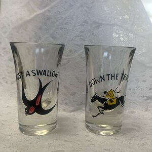 TWO VINTAGE SHOT GLASSES SWALLOW & HORSE RACE